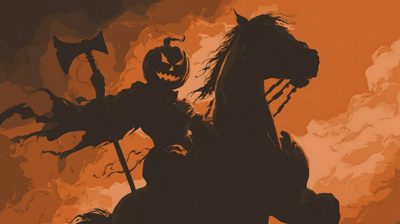 a painting of a man on a horse with a jack - o'- lantern Halloween Headless Horseman Sleepy Hollow, Headless Horseman, Free Download, saddle brown