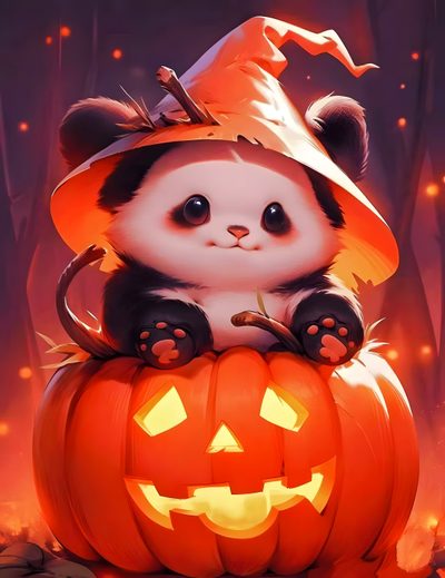a panda bear sitting on top of a pumpkin Cute Halloween Panda Autumn Spooky Art, Cute Fall Inspiration, Cute Panda In Witch Hat On Pumpkin, firebrick