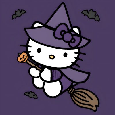hello kitty is flying on a broom with a pumpkin in her hand while wearing a witches hat Purple Hello Kitty Halloween Hello Kitty Bruxa, Hello Kitty Halloween Pic, Halloween Hello Kitty Icons, dark slate gray