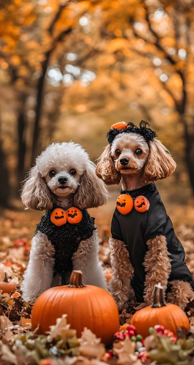 two poodles dressed up in halloween costumes sitting on the ground with pumpkins Halloween Poodle Dog Pumpkin, Dogs With Pumpkins, Cute Dog Halloween, Dog Halloween Iphone, sienna