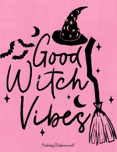 good witch vibes written in black on a pink background with a broom and stars Pink Halloween Words Custom Witch Please Fleur, Witch Please, Iphone, Good Witches,