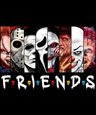 the words friends are painted in different colors and sizes, with faces drawn on them Halloween Horror Friends Horror Friends, Horror Movie Friends, Halloween Horror Friends, black