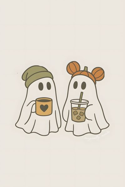 two ghost with coffee cups in their hands, one is holding a cup and the other has Cute Halloween Bff Cute Aesthetic Halloween Pictures, Halloween Disney Aesthetic, Cute Halloween Disney, gainsboro