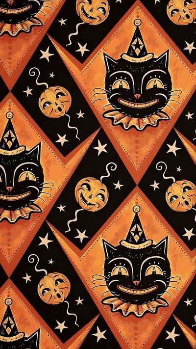 an orange and black cat with a crown on it's head is surrounded by stars 70s Halloween Art Facile Gribouillage, Vintage Halloween Art, Halloween Iphone Backgrounds, saddle brown