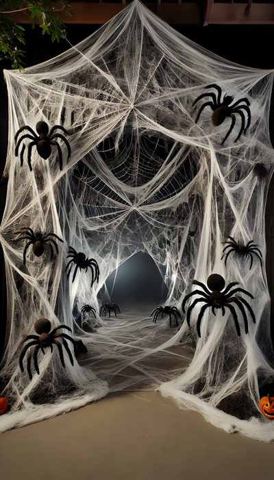 an outdoor halloween decoration with spider webs and pumpkins Halloween Party Ideas Homemade Halloween Decorations, Spider Web Hallway, Spider Backdrop, dark olive green