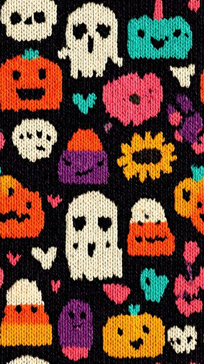 a colorful knitted pattern with skulls and pumpkins on black background, which has been designed in the style of pixelism Halloween Fair Isle Design Textile, Phone Icon, Textile Patterns, Textiles, Tricot, Halloween, dark slate gray