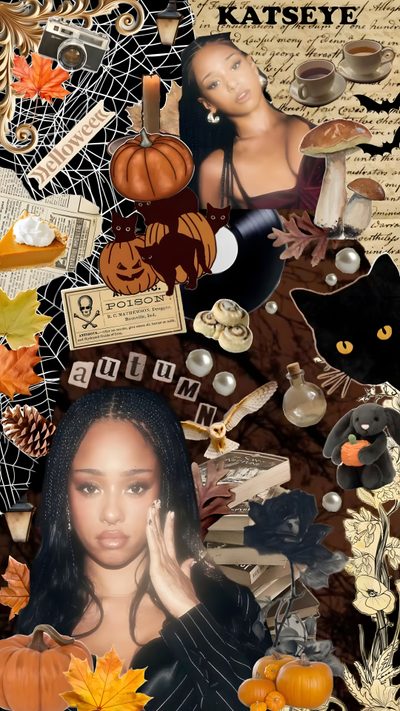 a woman surrounded by many different items and things on her face, including pumpkins Katseye Halloween Animal Crossing Funny, Pretty Phone, Cute Images For, Cute For Phone, dark olive green