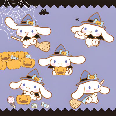 a group of cartoon dogs dressed up as witches and pumpkins on purple background with spider web Cinnamoroll Halloween Gif Cinnamoroll Pumpkin Painting, Cinnamoroll Pumpkin Carving, Cinnamoroll Pumpkin Stencil, light steel blue