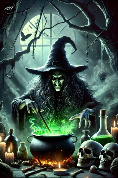 a wizard stirring a pot with green liquid Halloween Witch Cauldron Halloween Art, Fantasy Pictures, Halloween Deco, dark slate gray