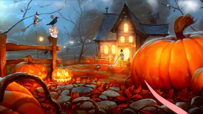 an animated halloween scene with pumpkins and witches Free Animated Halloween Halloween 1920x1080, Halloween Horizontal, Halloween Desktop Computers, saddle brown