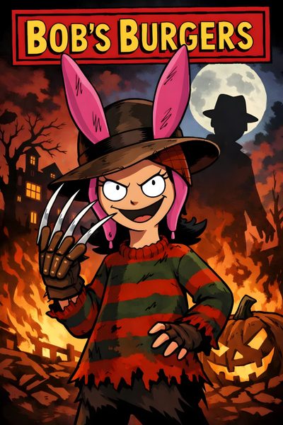 a cartoon character with pink hair wearing a hat and holding a jack - o'- lantern Bobs Burger Halloween Bob's Burgers, Fan Art, maroon