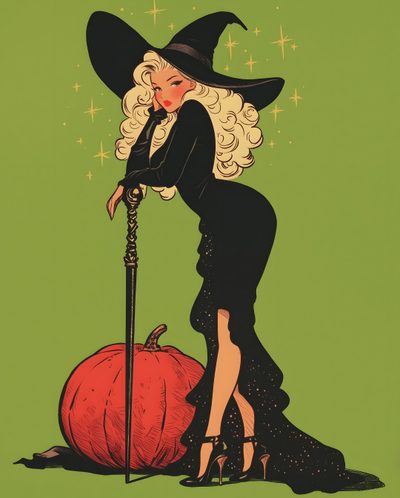 an illustration of a woman dressed as a witch leaning on a broom next to a pumpkin Pinup Halloween Classic Witch, Hot Witches, Spooky Vintage, Witch Poses Reference, Pin Up Girl Art, olive drab