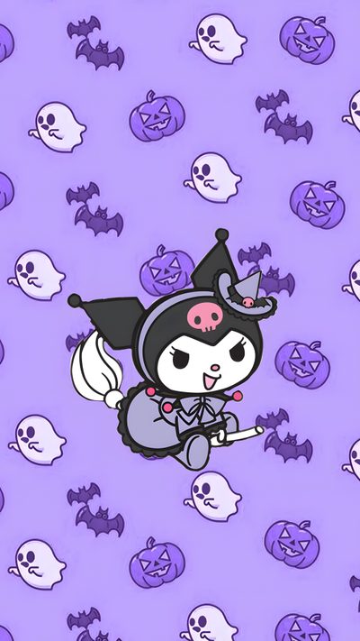 a cartoon character flying through the air with skulls and pumpkins in the back ground Halloween Purple Halloween Cute Kuromi Hello Kitty Halloween, Halloween Kuromi Aesthetic, Halloween Kuromi, plum