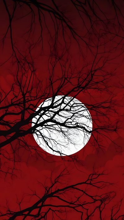 the full moon is seen through some bare trees in front of a red and black sky Red Halloween Iphone Red Moon Forest, Red And Black Moon, Aesthetic Anime Red Moon, maroon