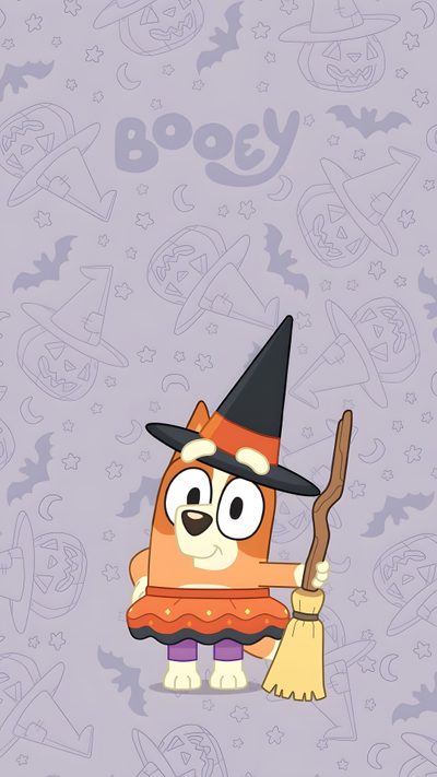 a cartoon character holding a broom and wearing a witches hat Bluey Halloween Iphone Easy Halloween Drawings, Bluey Halloween, Halloween Drawings, Halloween Inspo, silver