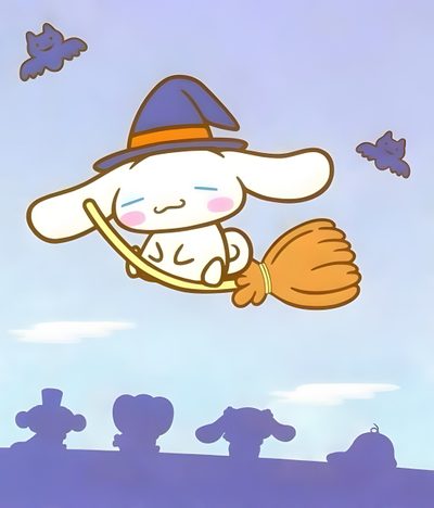 a cartoon character flying through the air with a hat and gloves on his head, holding a broom Cinnamoroll Halloween Ipad Sanrio Halloween Pictures Cinnamoroll Halloween, Cinnamoroll Halloween, Cinnamoroll Halloween Pfp, gainsboro