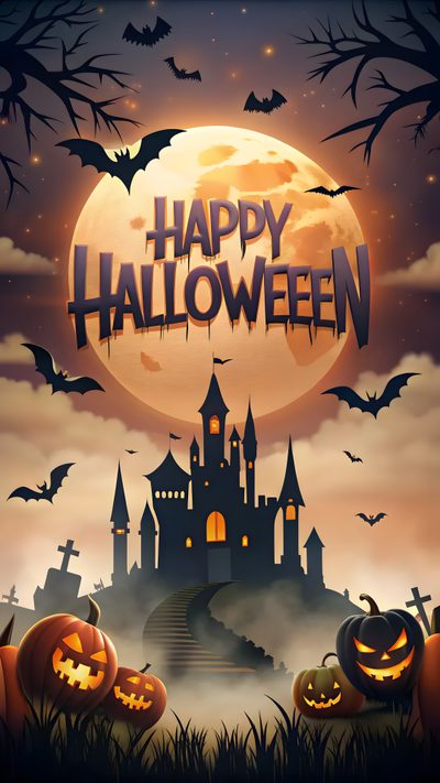 a halloween poster with pumpkins in front of a castle Happy Halloween Spirit Halloween Happy Halloween Scary, Happy Halloween Hd, Happy Halloween Images, dim gray