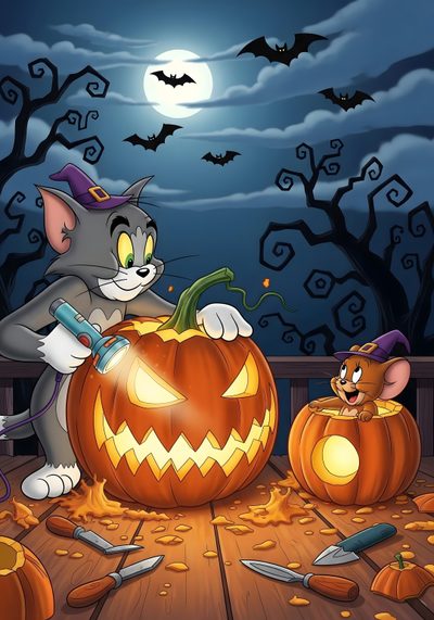 a cat that is sitting in front of a pumpkin Tom And Jerry Halloween Looney Tunes Halloween, Halloween Cartoon Pictures, Halloween, dark olive green