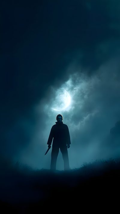 a man standing on top of a grass covered field under a cloudy sky with a knife in his hand Halloween The Movie Michael Myers Jason Voorhees, Micheal Myers 4k, Slasher 4k, 4k Michael Myers, black