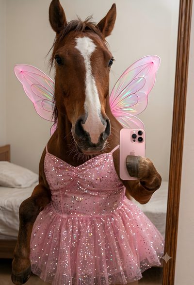 a horse wearing a pink dress and holding up a cell phone in front of its face Cute Halloween Horse Paper Horse, Funny Horses, Funny Horse, 3d Art, Funny Photos, Funny Images, rosy brown