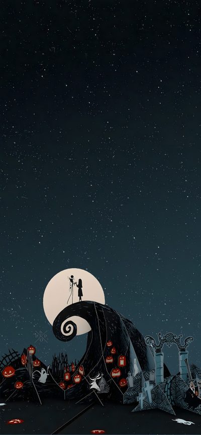 a couple standing on top of a hill under a full moon Halloween Iphone Tim Burton The Nightmare Before Christmas Iphone, Phone Backgrounds Nightmare Before Christmas, Nightmare Before Christmas Aesthetic, black