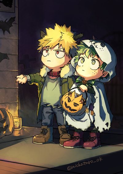 two anime characters standing next to each other Cute Mha Halloween My Hero Academia Thanksgiving, Aesthetic Mha Halloween, Mha Halloween Phone, dark slate gray