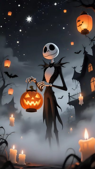 a cartoon skeleton holding a jack - o - lantern Cute Halloween Jack Skellington Pumpkin King, Painting Art Lesson, Simple Phone, dark slate gray