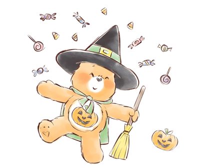 a teddy bear dressed as a witch with a broom and pumpkins in the background Aesthetic Halloween Care Bear Care Bear Halloween Cartoon, Pumpkin Carebear, Care Bear Halloween Drawing, white