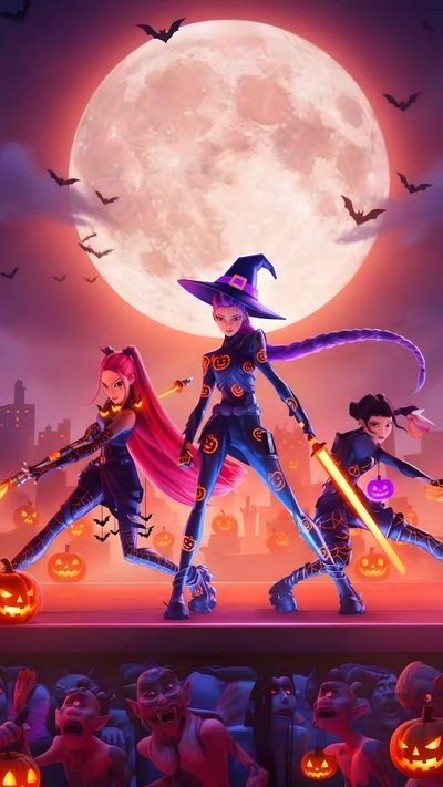 an animated halloween scene with witches and pumpkins Kpdh Halloween Lounge Wear Set, League Of Legends Halloween, Jinx Wild Rift, indian red