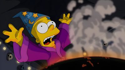 the simpsons character is wearing a party hat and holding his hands up in front of him Simpsons Halloween 4k Lisa Simpson Witch, The Simpsons Halloween, The Simpson Halloween, dark slate gray