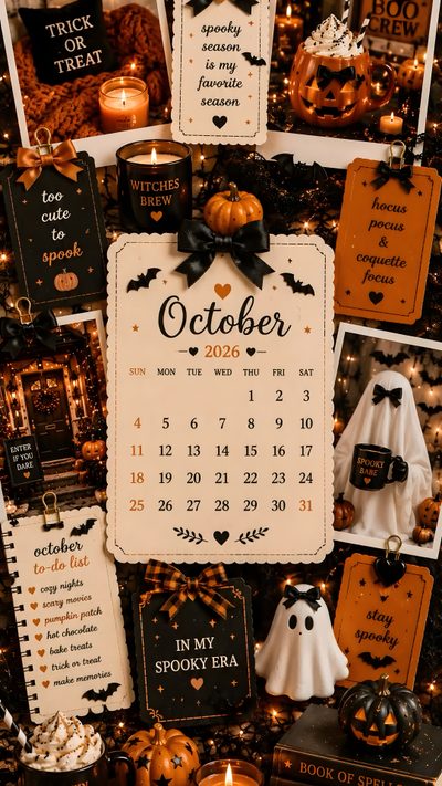 a calendar is hanging on the wall in front of halloween decorations and other things that are around it Ios 26 Halloween Halloween, Phone, Iphone, Orange, saddle brown
