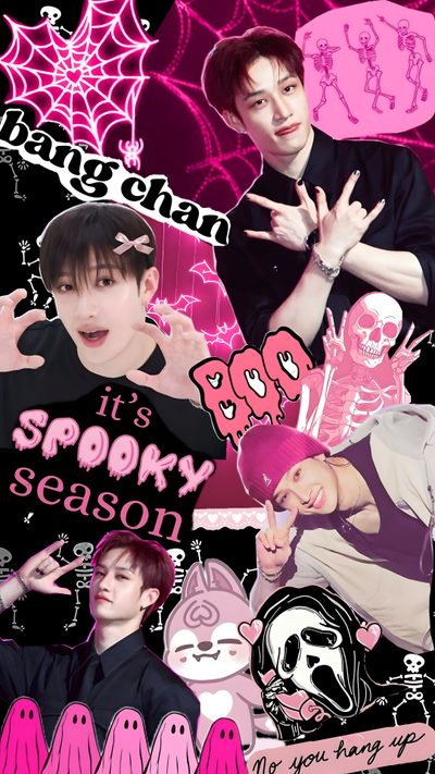 the collage has been altered to look like it's halloween season, and is pink Skz Halloween J Letter Iphone Aesthetic, Wattpad Background, Kids Collage, Kids Background, medium violet red