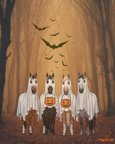 three horses wearing ghost costumes standing in the woods with bats flying above them and pumpkins on their heads Cute Halloween Horse Horse Halloween Backgrounds, Halloween Horse, Horse Halloween Cartoon, sienna
