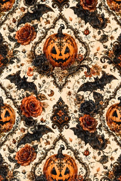 an orange and black pattern with pumpkins, roses and bats on it's surface Damask Halloween Halloween Pattern Design, Halloween Iphone Backgrounds, Gothic Pattern, sienna