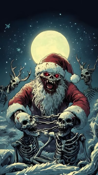 a santa clause riding a motorcycle in the snow with reindeers flying above him and on his back Halloween Santa Claus Christmas Scary, Krampus Iphone, Merry Krampus, Christmas Horror, dark slate gray