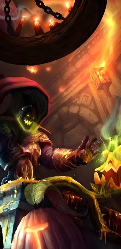 an image of a woman holding a pumpkin in front of a clock with lights on it World Of Warcraft Halloween Warcraft Fall, Headless Horseman Warcraft, World Of Warcraft Undead, saddle brown