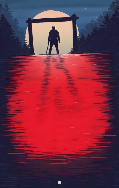 a man standing on top of a lake next to a forest under a full moon Camp Crystal Lake Halloween Crystal Lake Background, Jason Voorhees Black Background, Camp Crystal Lake Art, dark slate gray