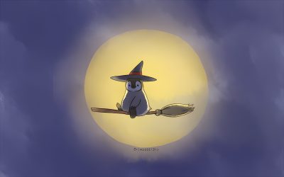a cartoon character sitting on top of a broom in front of a full moon with clouds Penguin Halloween Piplup Desktop, Penguin Desktop, Autumn Penguin, Penguin For Pc, dark slate blue