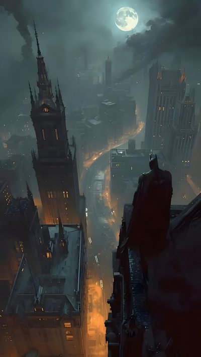 an aerial view of a city at night with the moon in the sky and buildings lit up Arkham Halloween Gotham City Hd, Dark Knight City, Dark Gotham City Background, Arkham Games, dark slate gray