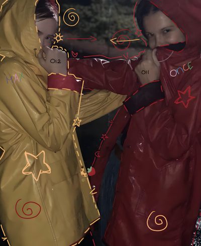 two people dressed in raincoats standing next to each other and touching their hands Matching Stranger Things And Halloween Characters Stranger Things Netflix, Stranger Things, dark slate gray