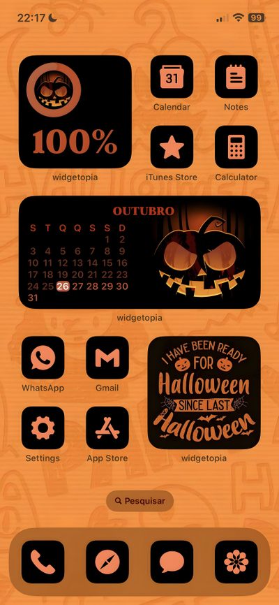 an orange and black calendar with halloween icons on it's side, including pumpkins Halloween Ideas Ios 16 Halloweentown Skull Phone, Spooky Phone Customization Ideas, Ios Halloween, peru