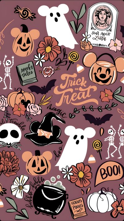 a bunch of halloween stickers that are on a purple background with the words trick or treat Disney Halloween Halloween, Halloween Iphone Backgrounds, Halloween Backgrounds, Halloween Cute, dim gray
