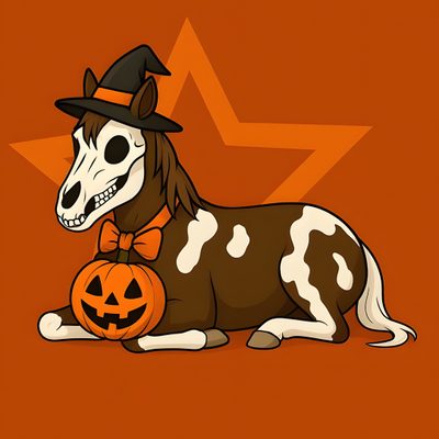 a horse wearing a hat and holding a jack - o'- lantern on an orange background Halloween Pony Horse Halloween Backgrounds, Halloween Horse, Horse Halloween Cartoon, firebrick
