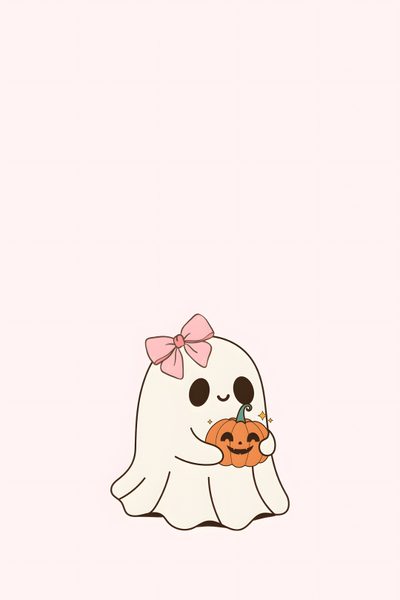 a ghost with a pumpkin in its hand and a pink bow on it's head Aesthetic Halloween Girl Halloween Backgrounfs, Cute Iphone Halloween, Halloween Wallpapaer, lavender blush