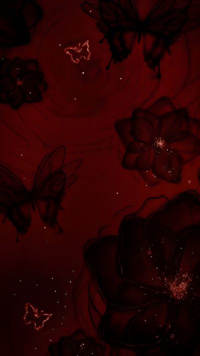 red flowers and butterflies are floating in the water on a dark background with light reflections Burgundy Halloween Red Colour, Maroon Aesthetic, Burgundy Aesthetic, Red And Black,