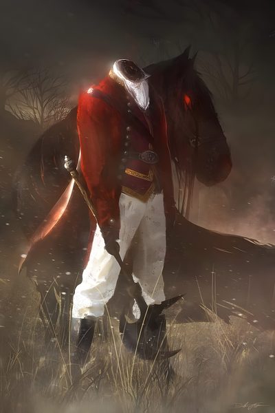 a painting of a man in red coat and white pants standing next to a horse Halloween Headless Horseman Headless Horse Rider, Headless Horseman Concept Art, Headless Horseman In The Dark, dark olive green