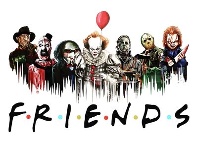 a group of clowns with the words friends Halloween Horror Friends Friends Horror, Horror Movie Friends, Friends Horror Characters, white