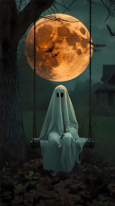 a ghost sitting on a swing in front of a full moon Halloween 4k Ghost Spooky Images, Spooky Halloween Iphone, Halloween Iphone Ghost, black