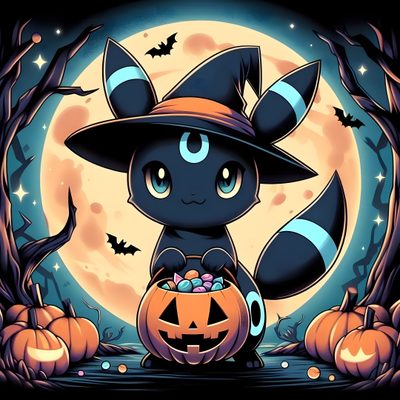 a black cat wearing a witches hat and holding a pumpkin in front of a full moon Halloween Umbreon Eevee Halloween, Umbreon Christmas, Halloween Umbreon, Halloween Pokemon, dark slate gray