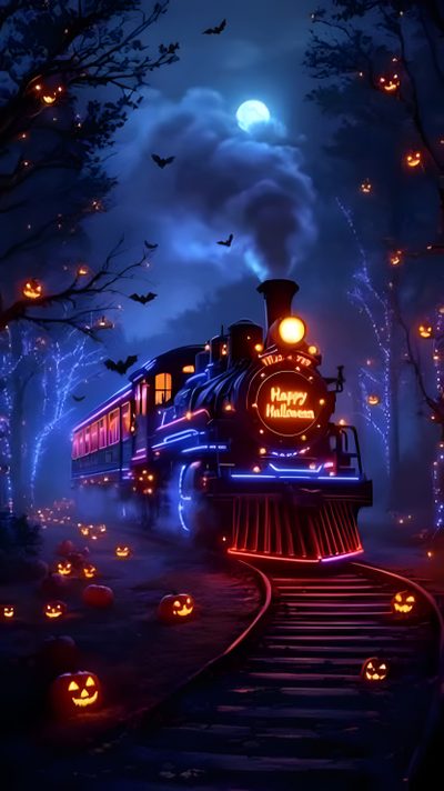 a train with pumpkins on the tracks in front of trees and lights at night Halloween Train Halloween Train, Moving Animated Halloween, Halloween Moving Background, midnight blue